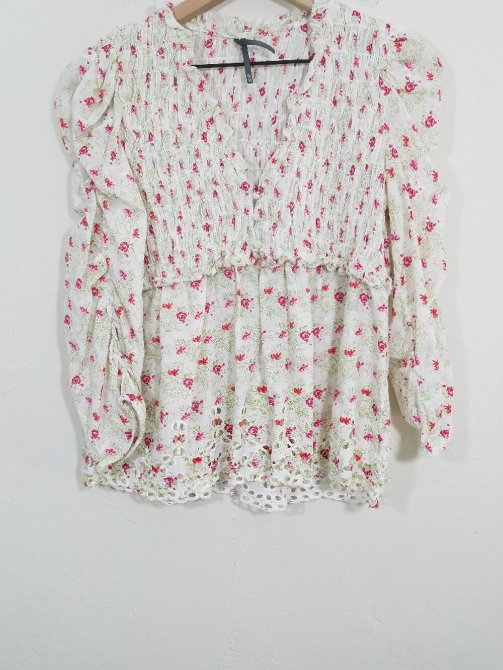 Anthropologie Coquette Puff-Shoulder Long Sleeve Roses Floral Top Blouse Size L